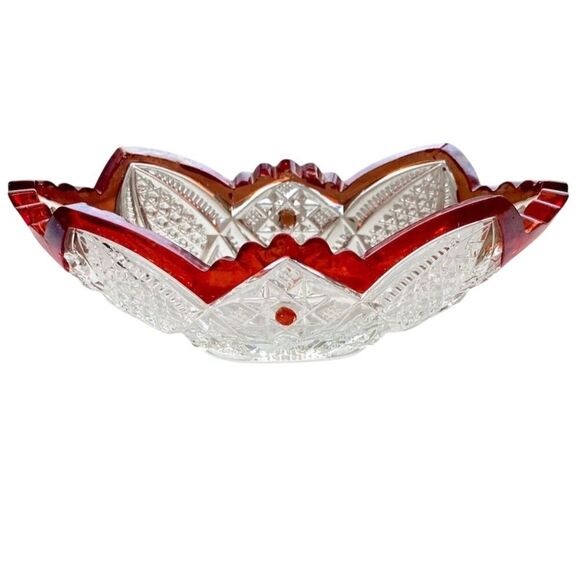 Vintage Bohemian Etched Crystal Bowl Ruby Red Trim Decorative 6" - Picture 1 of 8